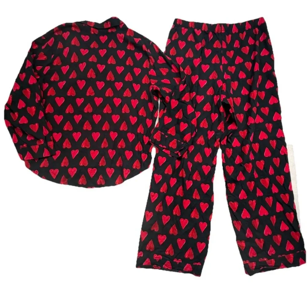 Victorias Secret 2 Piece Pajama Set Large Black Red Heart Print Valentines Set